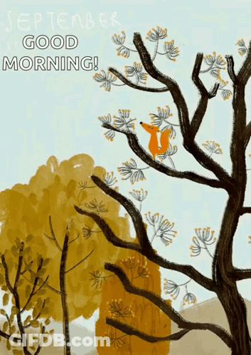 Fox Sitting On Tree Branch Saying September Good Morning GIF