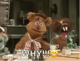 Fozzie Bear Is Sitting At A Table With A Smiley Face And The Words Why !!! GIF