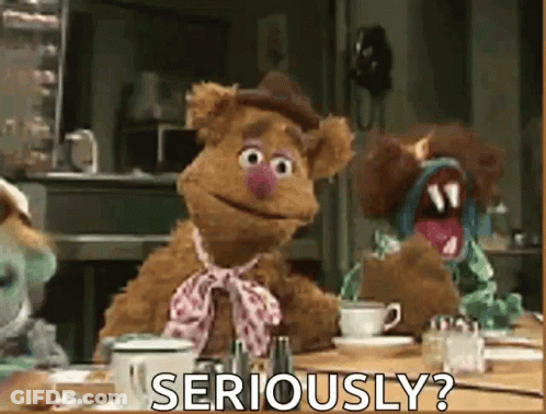 Fozzie Bear Is Sitting At A Table With Other Stuffed Animals And Says Seriously ? GIF