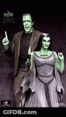 Frankenstein Statue With Lily Munster GIF