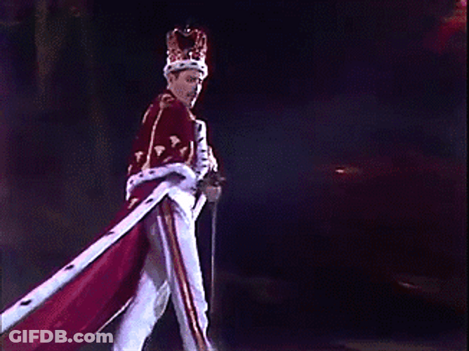 Freddie Mercury Wearing Crown Long Red Trail Cape GIF