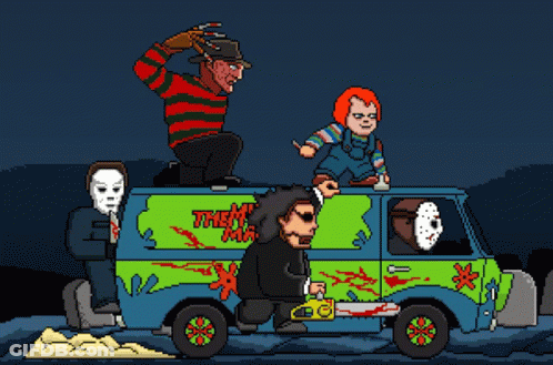 Freddy Krueger Chucky Jason Voorhees On Mystery Machine Van GIF