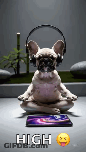 French Bulldog Wearing Headphones In Lotus Position Next To Phone GIF