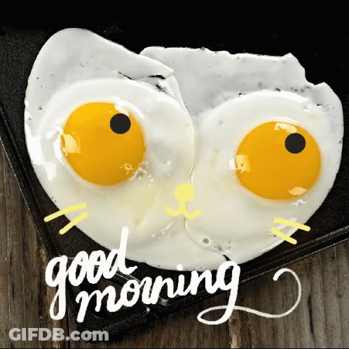Fried Eggs With Googly Eyes And The Words Good Morning Written Below Them GIF