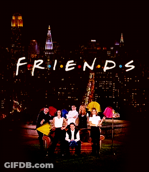 Friends Holding Umbrellas In Front Of City Skyline GIF