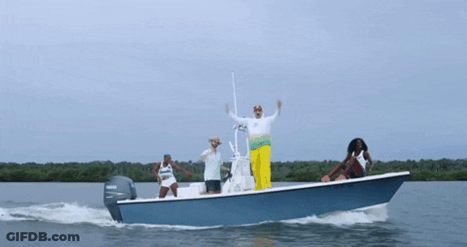 Friends Riding Skiff Raise Hands Posing GIF