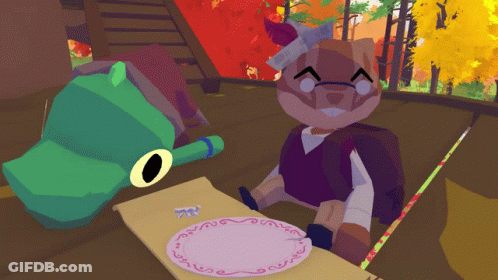 Frog And Bear Sitting At Table With Plate GIF
