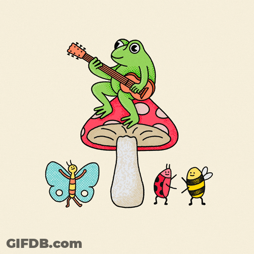 Frog And Insects Having Little Party Outside GIF