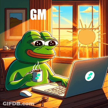 Frog At Desk With Laptop And Coffee Saying Gm GIF