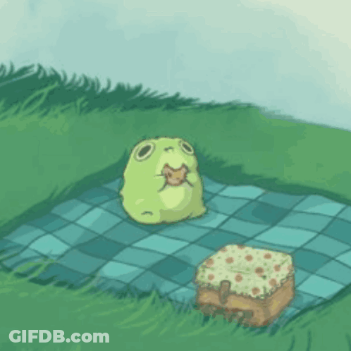 Frog Eating Cake On Picnic Blanket GIF