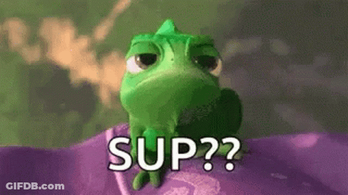 Frog From Tangled Sitting On Purple Surface Saying Sup GIF