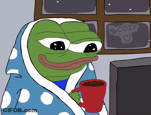 Frog Holding Coffee With Cozy Window GIF