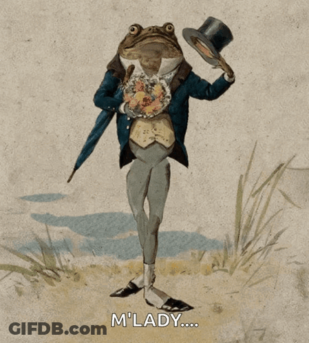 Frog In Top Hat Holding Flowers Says M Lady GIF