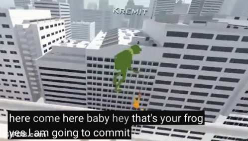 Frog Jumping Off Building Saying Here Come Baby GIF