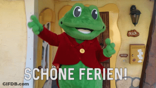 Frog Mascot Says Schöne Ferien At Rick's Mailbox GIF
