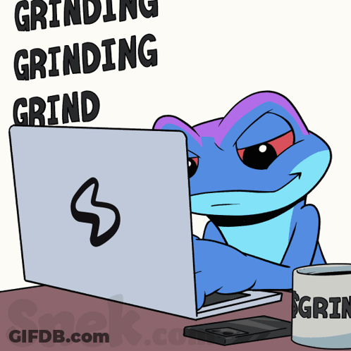 Frog Sitting In Front Of Laptop Saying Grinding Grinding Grind GIF
