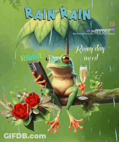 Frog Sitting Under Umbrella Holding Phone And Champagne GIF