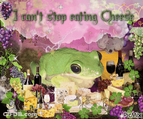 Frog Surrounded By Cheese And Grapes Saying I Can't Stop Eating Cheese GIF