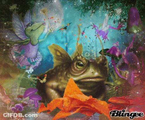 Frog Surrounded By Fairies And Mushrooms Blingee GIF