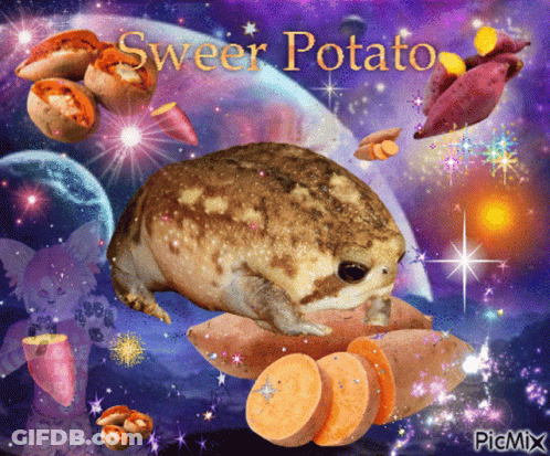 Frog Surrounded By Sweet Potatoes Saying Sweet Potato GIF