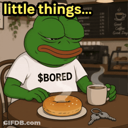 Frog Wearing $ Bored Shirt With Coffee And Bagel GIF