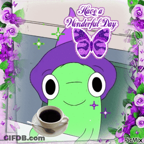 Frog With Coffee Saying Have A Wonderful Day GIF