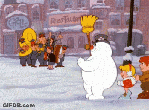 Frosty The Snowman In Front Of A Restaurant GIF