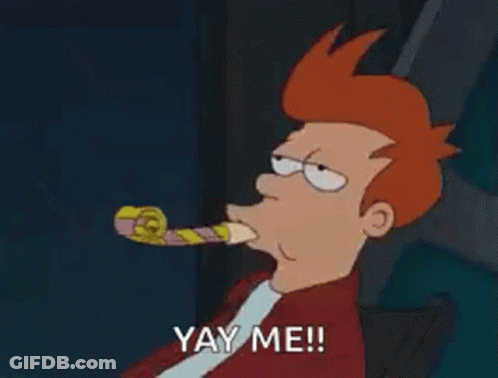 Fry From Futurama Is Blowing A Party Horn And Saying `` Yay Me '' . GIF