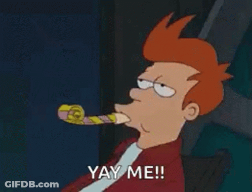 Fry From Futurama Is Blowing A Party Horn And Saying Yay Me . GIF