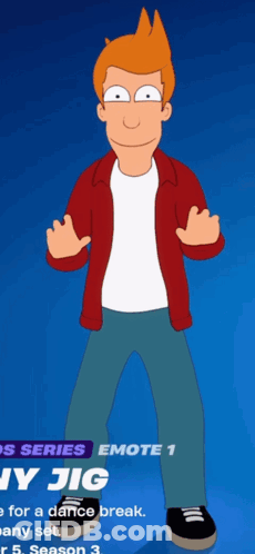 Fry From Futurama Is Wearing A Red Jacket And Blue Jeans GIF