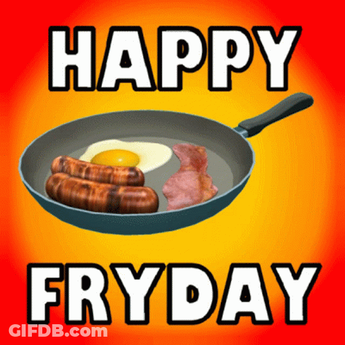 Frying Pan With Eggs Sausages And Bacon Saying Happy Fryday GIF