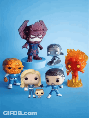 Funko Pop Fantastic Four Figures On Blue Background GIF