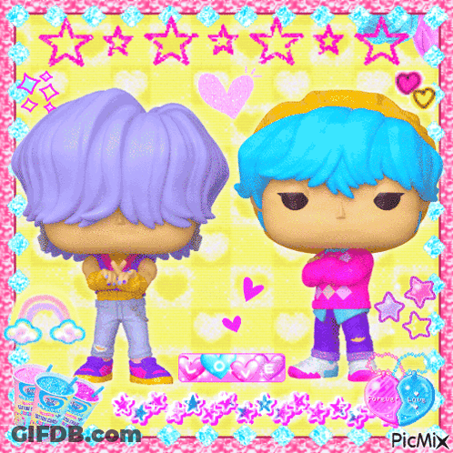 Funko Pop Figures Standing Together On Yellow Background GIF