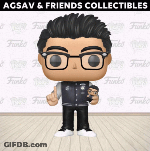 Funko Pop Man With Glasses Holding Smaller Funko Pop GIF
