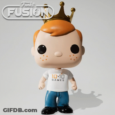 Funko Pop Wearing Crown And 10:10 Games Shirt GIF