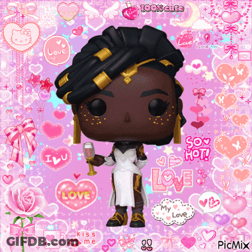 Funko Pop Woman Holding Wine Glass With Hearts GIF