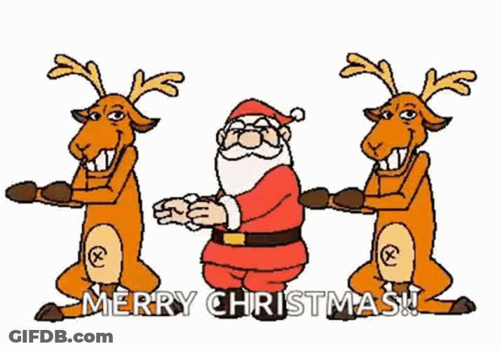 Funny Cartoon Santa Dancing With Reindeers GIF