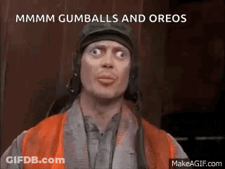 Funny Face Helmeted Orange Vest Talks Gumballs Oreos GIF