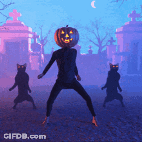 Funny Halloween Dance Pumpkin Head Cats GIF