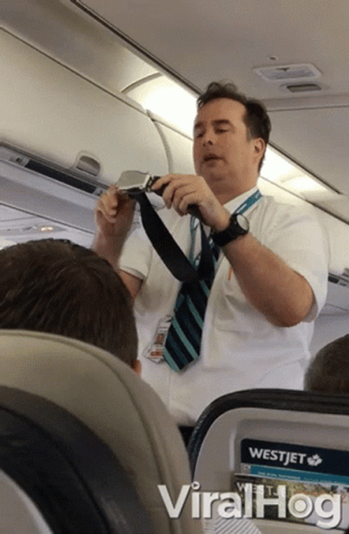 Funny Male Flight Attendant In Plane GIF
