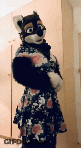 Furry Mascot In Floral Dress GIF
