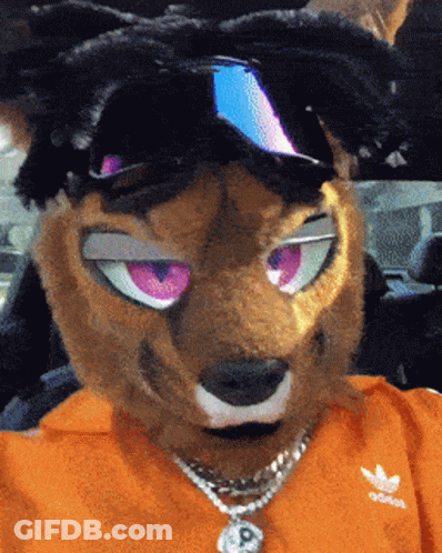Furry Mascot In Sunglasses And Orange Adidas Shirt GIF