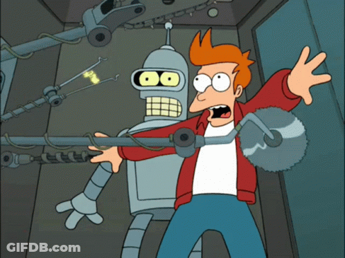 Futurama Characters Fry And Bender Are Standing In Front Of A Machine With The Number 7 On It GIF