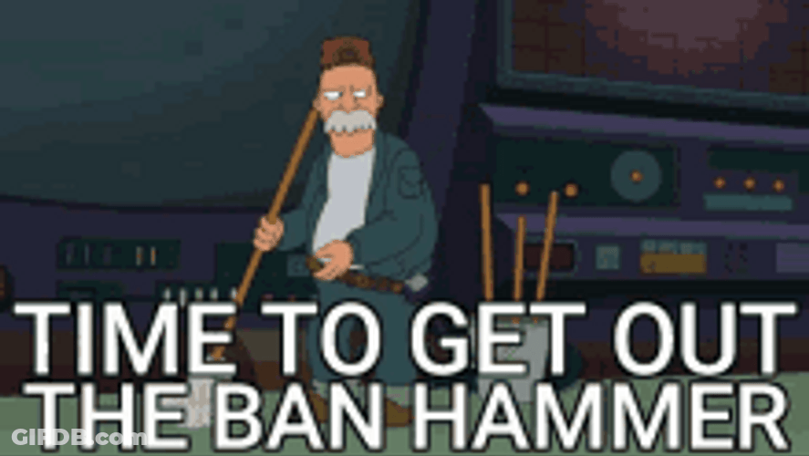 Futurama Scruffy Take Out Ban Hammer GIF