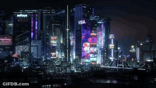 Futuristic City At Night With Softrays Sign GIF