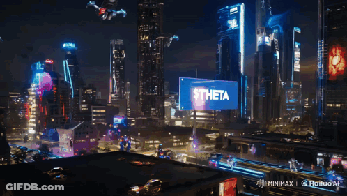 Futuristic City At Night With Theta Sign GIF