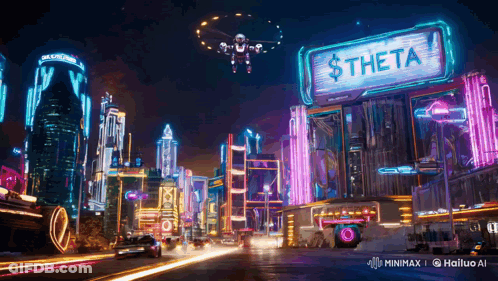 Futuristic City With Billboard Saying Theta GIF