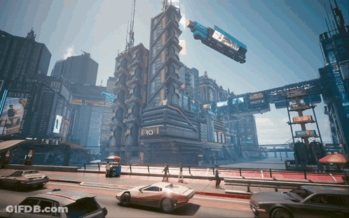 Futuristic City With Building Saying Ro-1 GIF