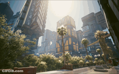 Futuristic City With Buildings And Trees Saying GT GIF