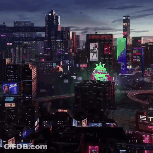 Futuristic City With Music Studios Sign GIF